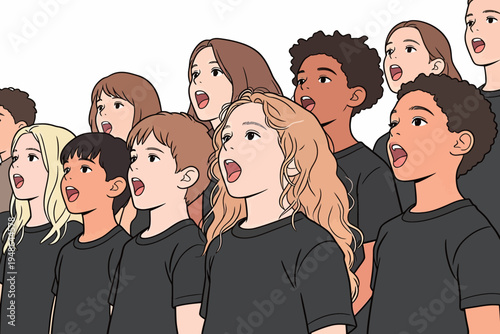 Children singing in choir during performance at community event in a school auditorium