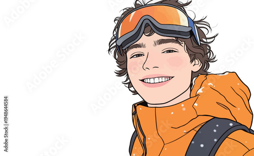 Young skier smiles in bright orange jacket on snowy mountain during winter sports activity