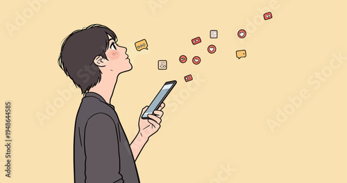 Young man looking at phone and observing social media reactions in a light background