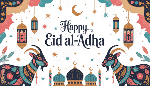 Celebratory Eid al-Adha greeting with vibrant, stylized goats. Lanterns hang above domed mosques under a crescent moon. Patterned borders frame the festive design with stars and leaves