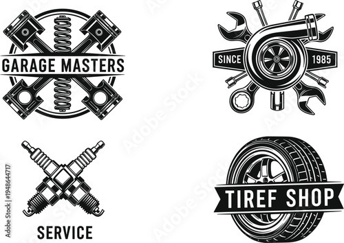 Professional automotive service emblem set featuring garage masters tire shop turbocharger crossed spark plugs and mechanical tools,