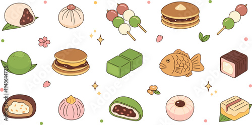 Japanese Traditional Sweets Vector Collection with Mochi Dorayaki Dango Taiyaki Wagashi Dessert Illustration Set