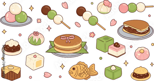 Japanese sweets and desserts collection with mochi, dango, dorayaki, taiyaki and matcha wagashi traditional food illustration set