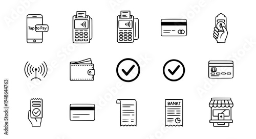 Digital payment process icons set with smartphone tap-to-pay POS terminal card wallet and receipt vector