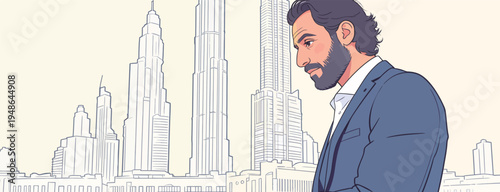 Businessman stands in front of tall buildings in urban area during daytime in city landscape