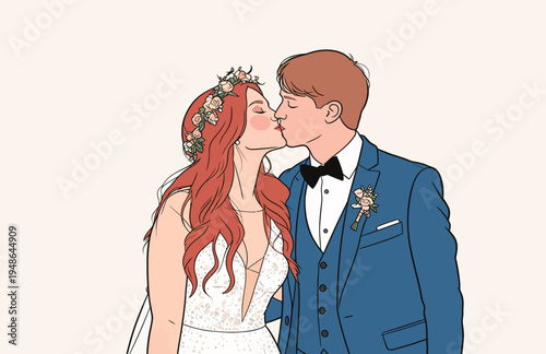 Couple shares a kiss during their wedding ceremony in a simple setting