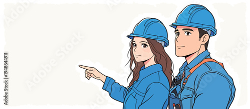 Workers in blue hard hats point to a project site during daytime work hours