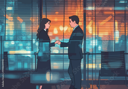 Business meeting occurs at night in a city office with two professionals engaging in conversation