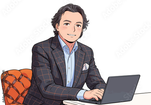 Businessman works on laptop at a desk in office during daytime hours in a modern setting
