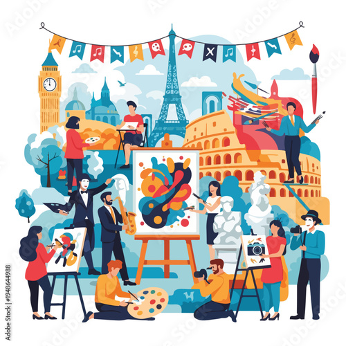 Colorful illustration of artists, landmarks, and creative pursuits