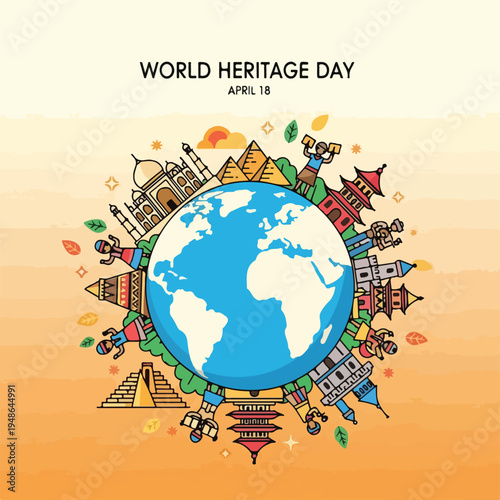 Colorful illustration celebrating World Heritage Day on an orange gradient