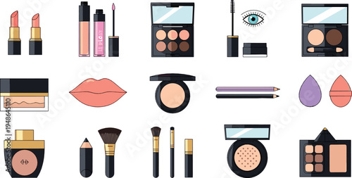 Makeup cosmetics collection with lipstick, eyeshadow palette, brushes and beauty products illustration set