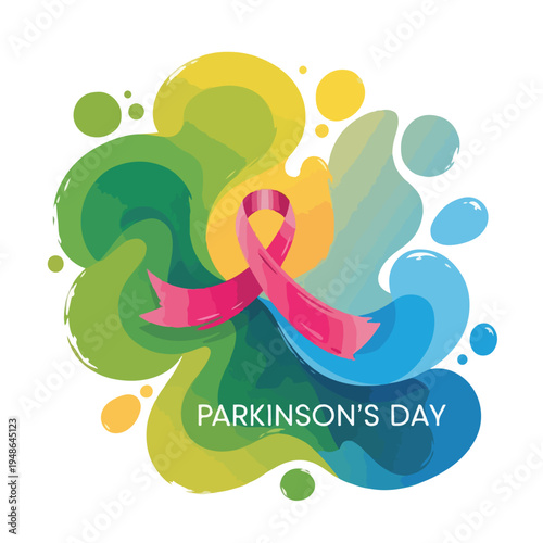 Colorful illustration with a pink ribbon for Parkinson's Day awareness