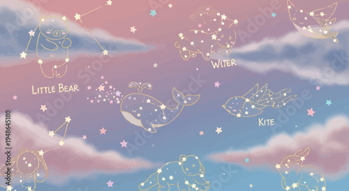Enchanting Dreamy Night Sky Background with Soft Clouds, Twinkling Stars, and Whimsical Animal Constellations