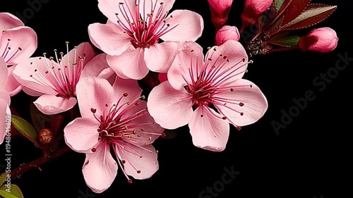 Pink cherry blossoms on black background.