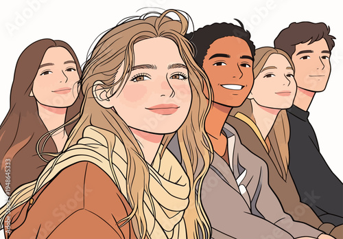 Group of friends smiling together during a casual outing in a bright setting