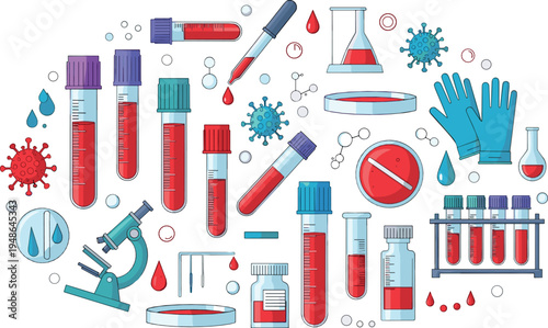 Medical Laboratory Vector Collection with Test Tubes Blood Samples Microscope Virus Research Science Lab Equipment Illustration Set