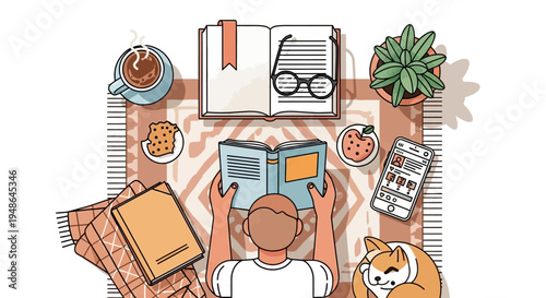 Cozy Overhead View of a Person Enjoying Reading a Book with Coffee, Cookies, and a Relaxing Cat on a Warm Rug at Home