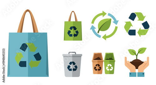 Environmentally Friendly Concepts with Eco Bags, Recycle Bins, Green Leaves, and Plant Seedling on Isolated White Background