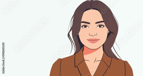 Portrait of a woman with long hair in a simple brown outfit against a light background