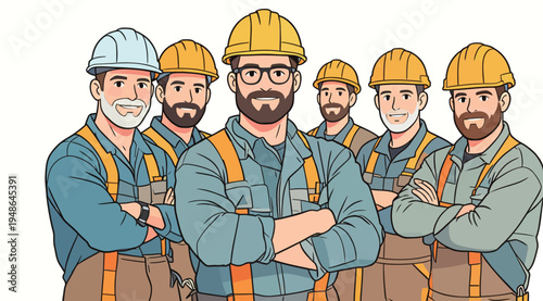 Group of construction workers wearing hard hats and smiling at the camera during a workday