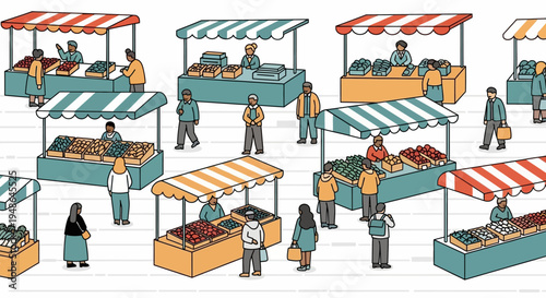 Top-Down View of a Lively Outdoor Street Market with Many People Browsing and Shopping at Various Food Stalls, Urban Setting