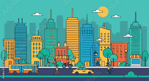 Colorful vector illustration depicting urban scene