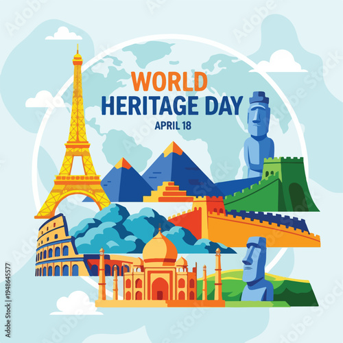Colorful illustration celebrating World Heritage Day with landmarks from around the world