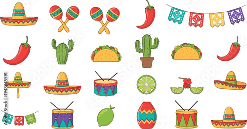 Mexican Fiesta Elements Vector Collection with Sombrero Maracas Tacos Chili Cactus Lime Drum Cinco de Mayo Illustration Set