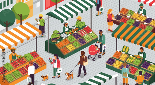 Isometric View of a Busy Outdoor Street Market with People Shopping for Fresh Fruits and Vegetables, Lively Community Scene