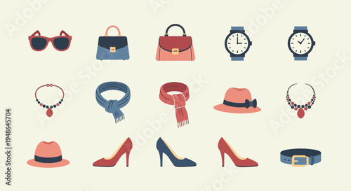 Stylish Collection of Women's Fashion Accessories Including Sunglasses, Handbags, Watches, Necklaces, Scarves, Hats, Shoes, and Belt, Bright Studio Background
