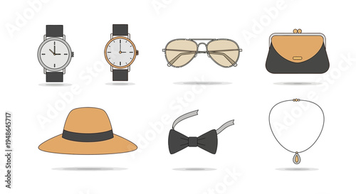 Collection of Men's Fashion Accessories Including Watches, Sunglasses, Hat, Bow Tie, Wallet, and Necklace, Isolated White Background
