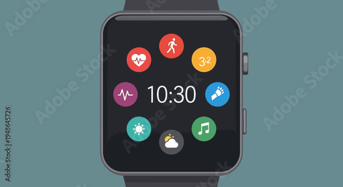 Modern Smartwatch Device Showing App Icons and Time on a Blue-Gray Background, Digital Wearable Technology