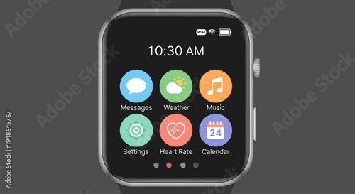Modern Smartwatch Displaying Home Screen with Various App Icons, Dark Gray Background