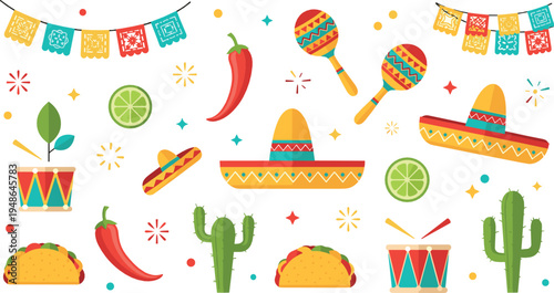Mexican Fiesta Vector Collection with Sombrero Maracas Taco Chili Lime Cactus Drum Cinco de Mayo Party Illustration Set