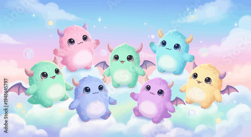 Cute Colorful Cartoon Monsters with Various Expressions on Fluffy Clouds, Whimsical Sky
