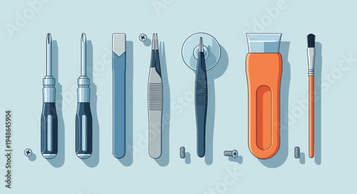 Collection of Professional Smartphone Repair Tools for Electronics Maintenance, Light Blue Background