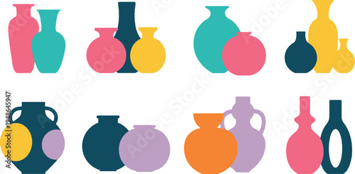 Minimalist decorative vase silhouettes collection with modern pottery shapes illustration set