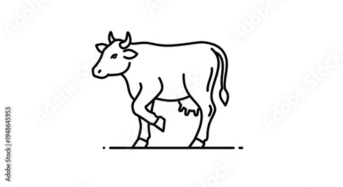 Minimalist Line Art Icon of a Cow Standing on a White Background