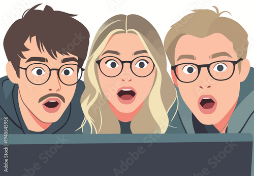 Three friends watching a screen with surprise during a fun moment