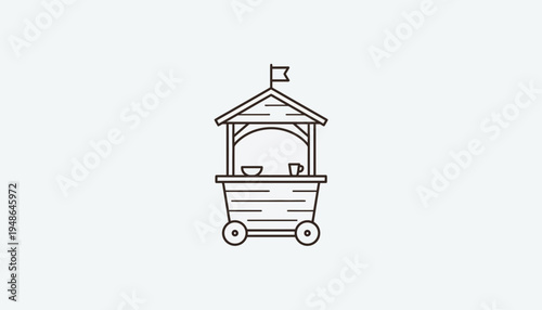 Minimalist Line Art Icon of a Food Cart with Flag and Dishes on Wheels