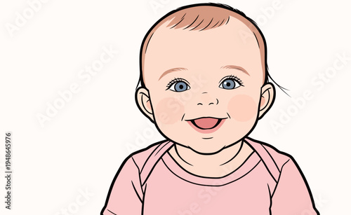 Happy baby smiling while wearing a pink shirt with bright blue eyes in a simple setting