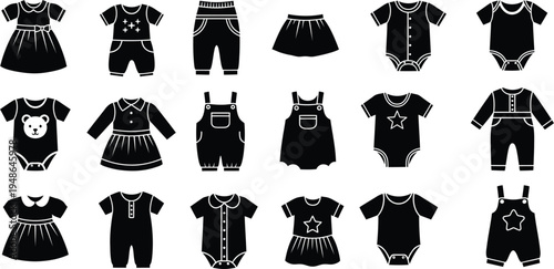 A collection of eighteen black and white vector icons representing various baby clothing garments