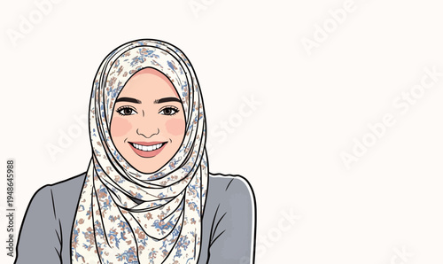 Smiling woman wearing a floral hijab and gray top in a simple drawing style