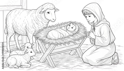 Baby Jesus Nativity Scene with Kneeling Shepherd and Lambs Line Art for Christmas Coloring Page