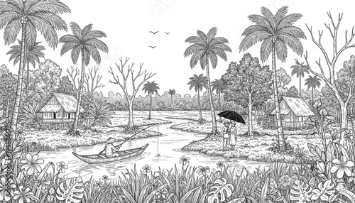 Serene Tropical Village River Illustration with Man Paddling Boat and Couple Relaxing