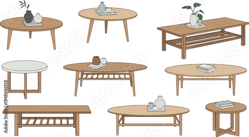 Modern wooden coffee tables collection with minimalist living room furniture illustration set