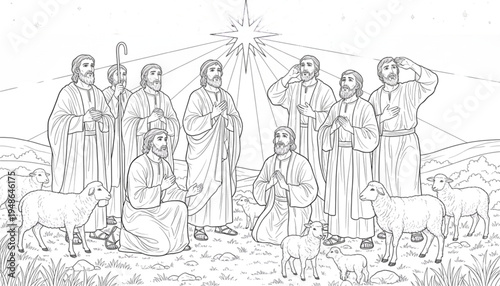 Reverent Biblical Figures and Sheep Adoring Guiding Star Line Art. Christmas Nativity Coloring Page.