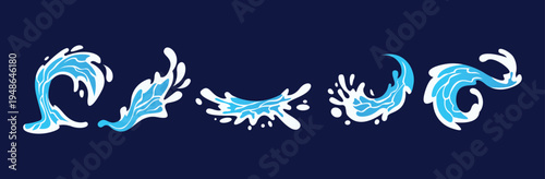 Water splash and wave set. Blue water splash and wave icons showing dynamic liquid motion, droplets and curls on dark background.