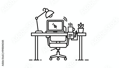 Minimalist Home Office Setup: Desk, Chair, Laptop, Lamp, and Plant